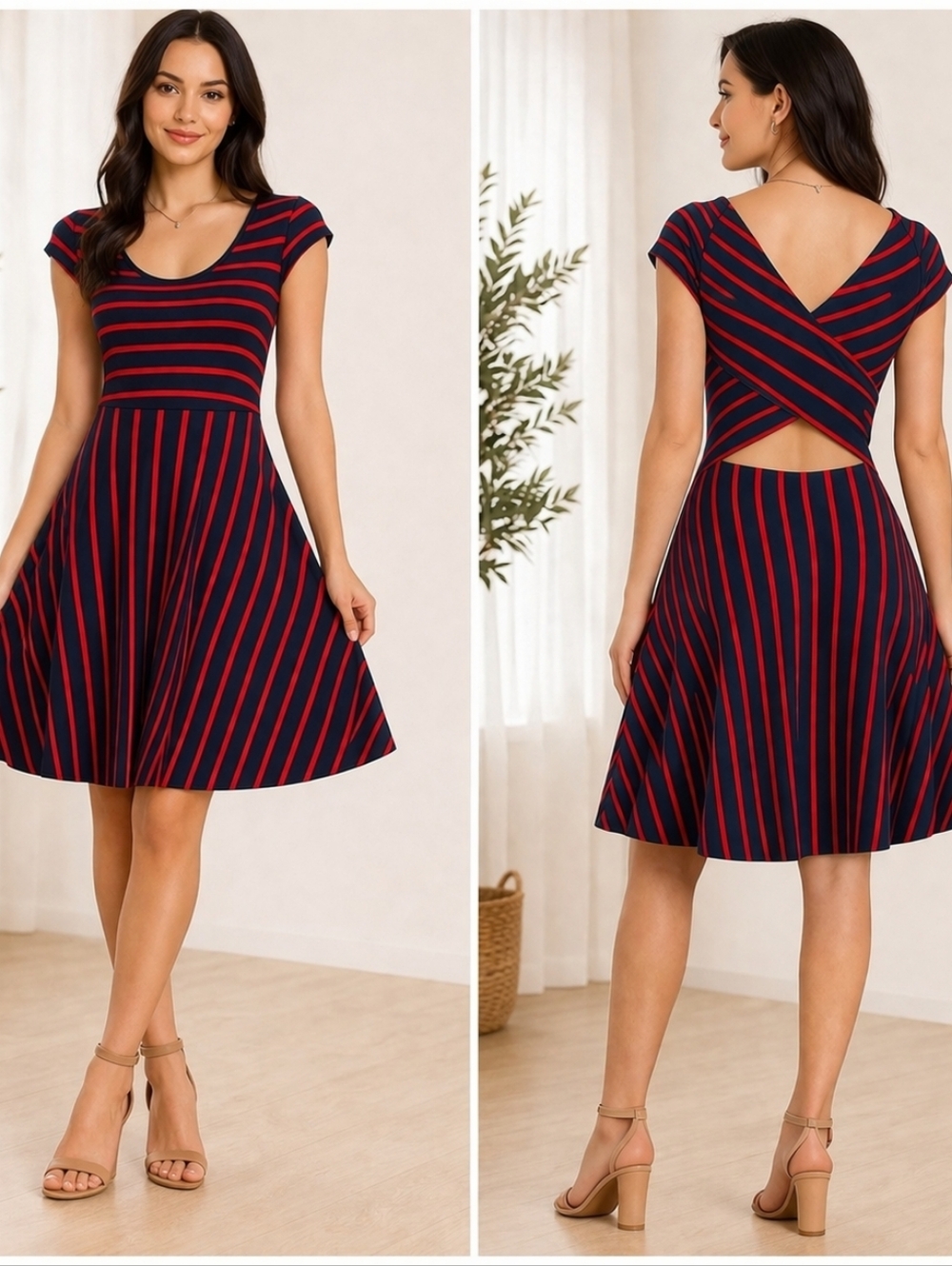 Market & Spruce Striped Knit Dress Navy Red Fit & Flare Open Back Stretch Large